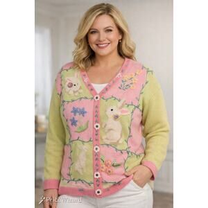 Vintage Storybook Knits Easter Bunny Patchwork Cardigan 1X Cottagecore Rabbit